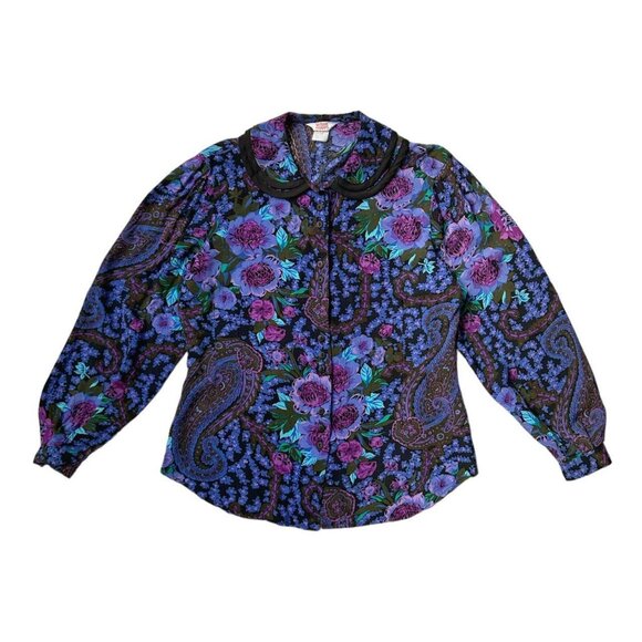 80s vintage floral Peter Pan Collar blouse paisley print puff sleeve button up. - Picture 1 of 7